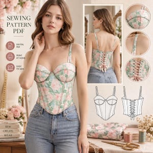 May include: A digital sewing pattern PDF for a floral corset top featuring a sweetheart neckline, thin straps, and a lace-up back closure. The design includes a pink and green rose print, visible structural seams, and technical line drawings.