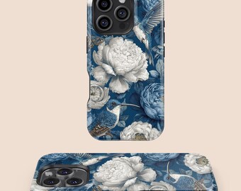 Blue Floral & Hummingbird Phone Case,iPhone 16 15 14 13 12 11 7 8 X XR XS SE Plus Mini Pro Max,Samsung Galaxy S25 S24 S23 S22 S21 S20 Plus