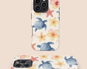 Watercolor Sea Turtle & Floral Phone Case, iPhone 16 15 14 13 12 11 7 8 X XR XS SE Plus Pro Max, Samsung Galaxy S25 S24 S23 S22 S21 S20