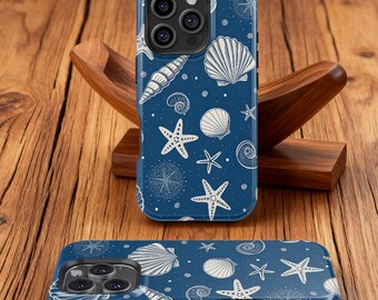 Navy Blue Ocean Shell Phone case, Retro Nautical Cover, iPhone 17 16 15 14 13 12 11 Plus Pro Max Mini,Samsung Galaxy S25 S24 S23 FE Plus