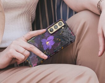 Dark Floral Purple Flower Design Phone Case, iPhone 16 15 14 13 12 11 7 8 X XR Plus Pro Max, Samsung Galaxy S25 S24 S23 S22 S21 S20 FE Case