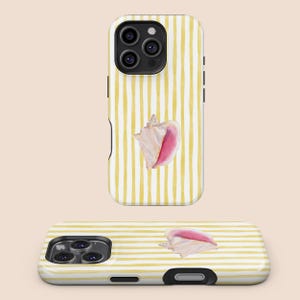 May include: Two phone cases with a yellow and white striped pattern. One case features a seashell with pink accents. The other case has a similar design, with a seashell and yellow and white stripes.