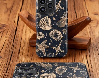 Gold Ocean Shell Phone case, Starfish Shell Cover, iPhone 17 16 15 14 13 12 11 Plus Pro Max Mini,Samsung Galaxy S25 S24 S23 FE Plus