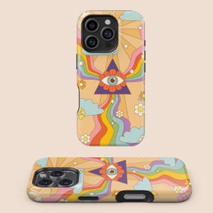 Retro Hippie Eye & Rainbow Phone case, Groovy 70s Design Cover, iPhone 16 15 14 13 12 11 8 Plus Pro Max Mini,Samsung Galaxy S25 S24 S23 S22