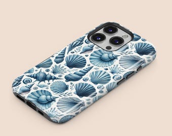 Watercolor Blue Sea Shells Phone Case, iPhone 16 15 14 13 12 11 7 8 X XR XS SE Plus Pro Max, Samsung Galaxy S25 S24 S23 S22 S21 S20