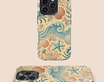 Vintage Seaside Pattern Phone case, Trendy Marine Life Cover, iPhone 16 15 14 13 12 11 8 Plus Pro Max Mini,Samsung Galaxy S25 S24 S23 Cover