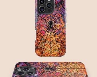 Coque pour portable toile d'araignée en vitrail, housse toile d'araignée Halloween, iPhone 16 15 14 13 12 11 7 8 Plus Pro Max Mini, Samsung Galaxy S25 S24 S23
