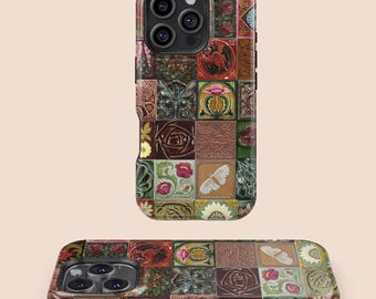 Vintage Floral Ceramic Tile Design Phone Case, iPhone 16 15 14 13 12 11 7 8 X XR Plus Pro Max, Samsung Galaxy S25 S24 S23 S22 S21 S20 Case