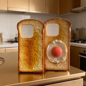 Puede incluir: Dos fundas para teléfono diseñadas para parecerse a rebanadas de pan tostado. Una funda presenta un diseño de huevo frito con una yema roja. La otra funda es pan tostado liso. Las fundas están sobre una superficie dorada.