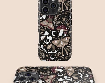 Boho Witchy Nature Phone case, Forest Mushroom & Moth Cover, iPhone 16 15 14 13 12 11 7 8 Plus Pro Max Mini,Samsung Galaxy S25 S24 S23 S22