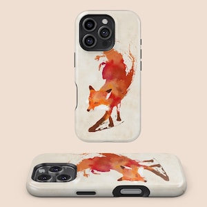 Könnte beinhalten: Zwei Handyhüllen mit einem Aquarellfuchs-Design. Der Fuchs ist in Orange- und Brauntönen auf cremefarbenem Hintergrund dargestellt. Das Design hat eine strukturierte, künstlerische Optik. Die Hüllen werden aus verschiedenen Blickwinkeln gezeigt.