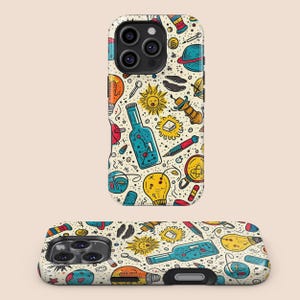 May include: Two phone cases with a repeating pattern of science-themed illustrations. The design includes light bulbs, suns, planets, bottles, and other scientific elements in a colorful, cartoon style against a cream background.