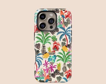 Tropical Paradise Plant & Bird Phone Case, Exotic Palm Tree and Parrot iPhone 16 15 14 13 12 11  X XR XS SE Pro Max,Samsung Galaxy S25 S24