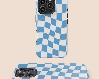 Retro Inspired Blue and White Wavy Checkered Phone Case, iPhone 16 15 14 13 12 11  X XR XS SE Pro Max,Samsung Galaxy S25 S24 S23