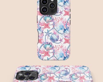 Watercolor Sea Shells & Pearls Phone Case, iPhone 16 15 14 13 12 11 7 8 X XR XS SE Plus Pro Max, Samsung Galaxy S25 S24 S23 S22 S21 S20