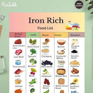 Iron Rich Food List Printable PDF | Foods High in Iron Chart for Anemia Iron Deficiency | Heme and Non-Heme Iron Sources | Instant Download