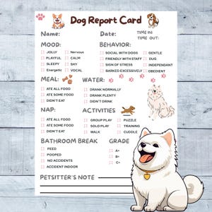 Tarjeta de calificaciones imprimible para perros / Papelería para el cuidado y alojamiento de mascotas / Regalo para el peluquero canino / Registro del cuidado de cachorros / Notas para el cuidador de mascotas