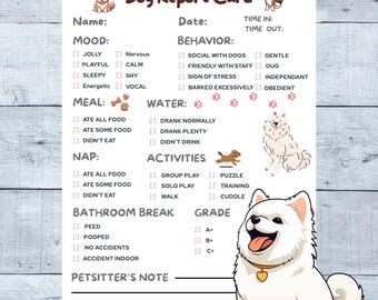 Tarjeta de calificaciones imprimible para perros / Papelería para el cuidado y alojamiento de mascotas / Regalo para el peluquero canino / Registro del cuidado de cachorros / Notas para el cuidador de mascotas