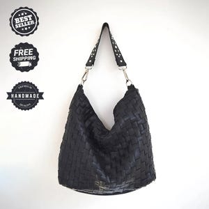 Beth Dutton Geldbörse, Geldbörse aus schwarzem Leder, Hobo Bag aus schwarzem Leder, Handtasche aus schwarzem Leder, Tragetasche aus gewebtem Leder, Handtasche aus gewebtem Leder