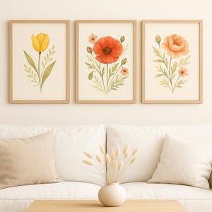 Neutral Floral Trio Printable – Poppy, Tulip & Peony Minimalist Wall Art