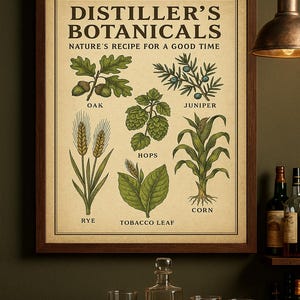 Arte de parede para bar de uísque – Gráfico botânico de destilaria, impressão vintage, decoração para bar em casa