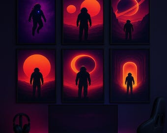 Neon Astronaut Wall Art Set - Sci-Fi Digital Download Prints, Retro Futuristic Galaxy Posters, Space Room Decor for Gamers & Man Caves