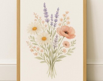 Boho Wildflower Bouquet Wall Art – Watercolor Floral Print – Digital Download Botanical Poster for Cottagecore, Bedroom, Nursery, Gifts