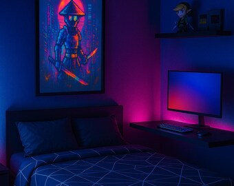Pixel Samurai Neon City Art Print | Cyberpunk Wall Decor | Retro Pixel Art Poster | Gamer Gift | Digital Download | Vaporwave Style