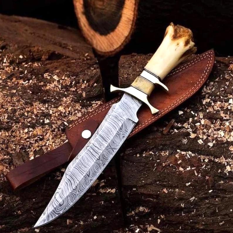 Fixed Blade Damascus Hunting Knife | Engraved Gift Knife | Bushcraft Outdoor Tool with Sheath | Custom Groomsmen or Holiday Gift, Best Gifts