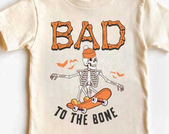 Bad to the Bone Halloween Shirt, Skeleton Skateboard Tee for Kids & Adults