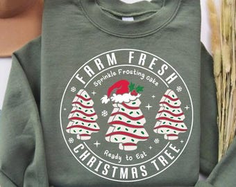 Farm Fresh Christmas Tree Crewneck Sweatshirt - Women's Christmas Cake Shirt