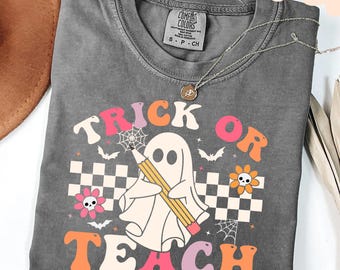 Comfort Colors Teacher Halloween Shirt: Retro Ghost, Trick or Teach