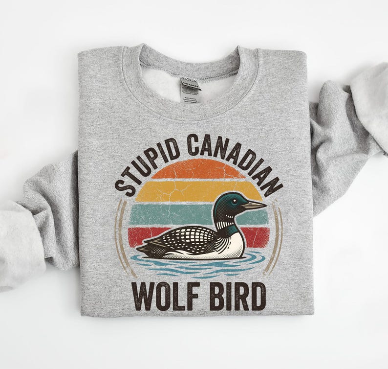 Może przedstawiać: Jasnoszara bluza z nadrukiem nurka na wodzie, na tle retro zachodu słońca. Tekst brzmi "STUPID CANADIAN WOLF BIRD" w okrągłym układzie. Bluza wykonana jest z miękkiego materiału.