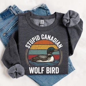 Może przedstawiać: Ciemnoszara bluza z napisem "STUPID CANADIAN WOLF BIRD" w kolorze białym, z retro wzorem zachodu słońca i ilustracją nurka. Bluza jest złożona na niebieskich dżinsach.