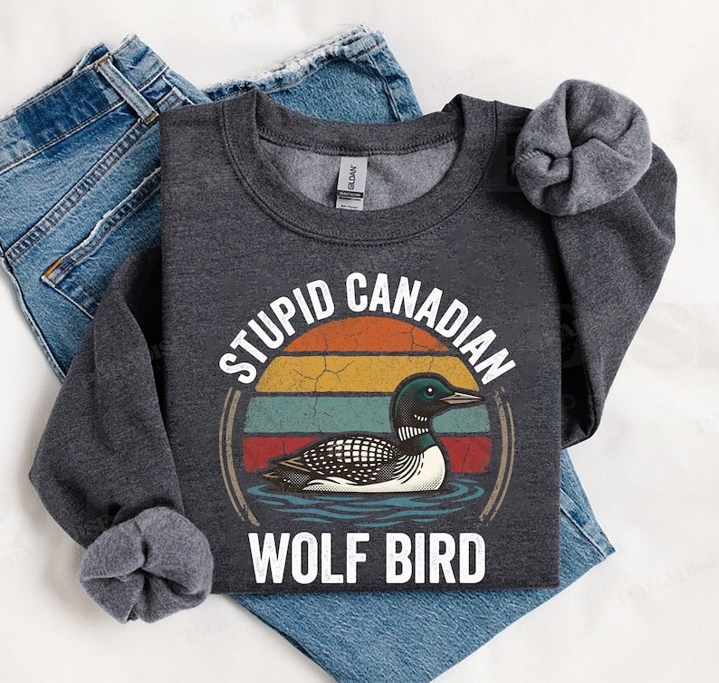 Może przedstawiać: Ciemnoszara bluza z napisem "STUPID CANADIAN WOLF BIRD" w kolorze białym, z retro wzorem zachodu słońca i ilustracją nurka. Bluza jest złożona na niebieskich dżinsach.