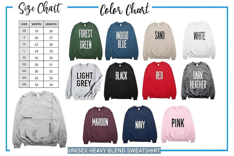 Może przedstawiać: Tabela rozmiar&oacute;w i kolor&oacute;w dla bluzy unisex. Tabela przedstawia rozmiary od XS do 5XL z wymiarami szerokości i długości w calach. Pokazano jedenaście kolor&oacute;w bluz: leśna zieleń, indygo, piaskowy, biały, jasnoszary, czarny, czerwony, ciemnoszary melanż, bordowy, granatowy i r&oacute;żowy.