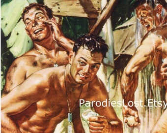 WORLD WAR II Military Poster Memorabilia Bath Shower Male Nude Naked Men Keep Clean Nudity Gay Interest Art Mature