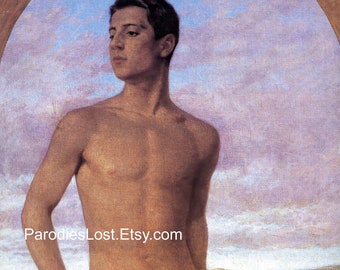 NAKED MALE MODEL Paul Hoecker Print Nino Cesarini Oil Painting Seated Frontal Nude Man Gay Interest Nudity Art Mature
