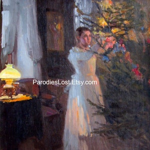Girl DECORATING CHRISTMAS TREE Victorian Era Merry Christmas Carol Holiday Aleksey Korin Russian Russia Illustration Print Oil Painting Art