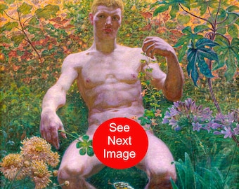 SCANDALOUS MALE NUDE Kristian Zahrtmann Print Adam in Paradise Garden of Eden Gay Interest Naked Oil Painting Man Nudity Art Mature