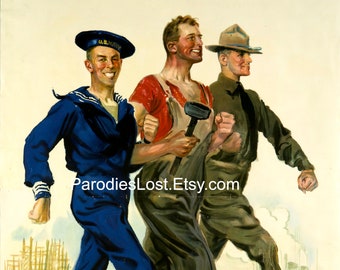 WORLD WAR I Poster Memorabilia 3 Handsome Muscular  Soldiers Men Navy Fleet Together We Win Vintage Print Gay Interest Art