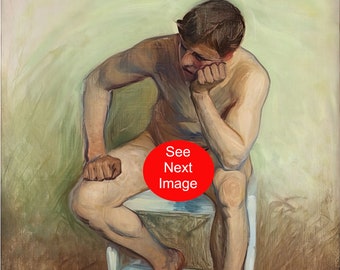 SEATED NAKED MAN Eugene Jansson Print 19-20th Century Oil Painting Gay Interest Male Nude Frontal Nudity Art Mature