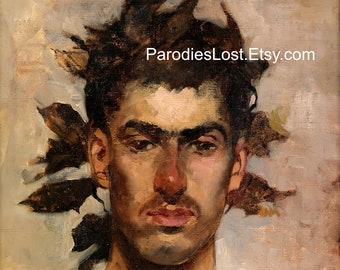 GREEK GOD Portrait BACCHUS Dionysus Handsome Man Ignacio Pinazo Camarlench Print Oil Painting Roman Myth Laurels Wine Gay Interest Art