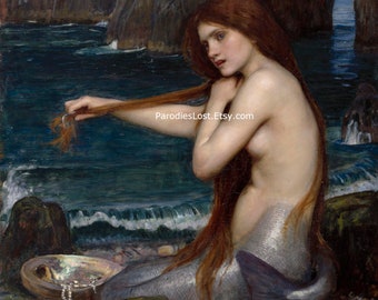 MERMAID John William Waterhouse Female Nude Woman Oil Painting Print Sci Fi Horror Nudity Ocean Sea Art Mature