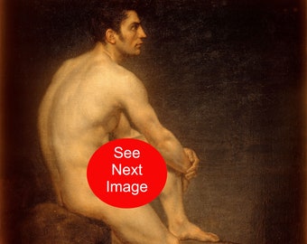 MALE NUDE PROFILE Manuel Ignacio Vazquez Mexican Artist Print Muscular Man Sitting Frontal Gay Interest Nudity Oil Painting Art Naked Mature