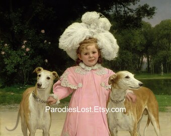GREYHOUND DOGS with Adorable Girl Child Print Great Masters Pet Portrait by Jan van Beers Oil Painting Art Brindle