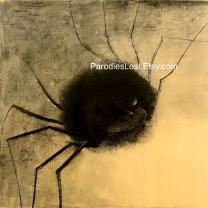 May include: A black and white illustration of a spider with a large, furry body and long, thin legs. The spider is set against a light yellow background with a subtle texture.