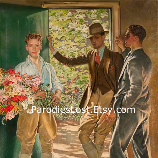 3 HANDSOME Young MEN William Bruce Ellis Ranken Print Oil Painting Portrait Garden Door Gay Interest Flowers Floral Art