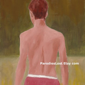 Attractive YOUNG MAN PRINT from Original Oil Painting Shirtless Male Back Rear Red Shorts Walking Away Gay Interest Art