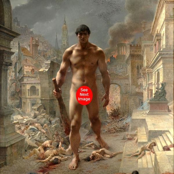 MALE NUDE GIANT Scourge Fleau Henri-Camille Danger Mythology War Nudity Naked Muscular Man Gay Interest Oil Painting Art